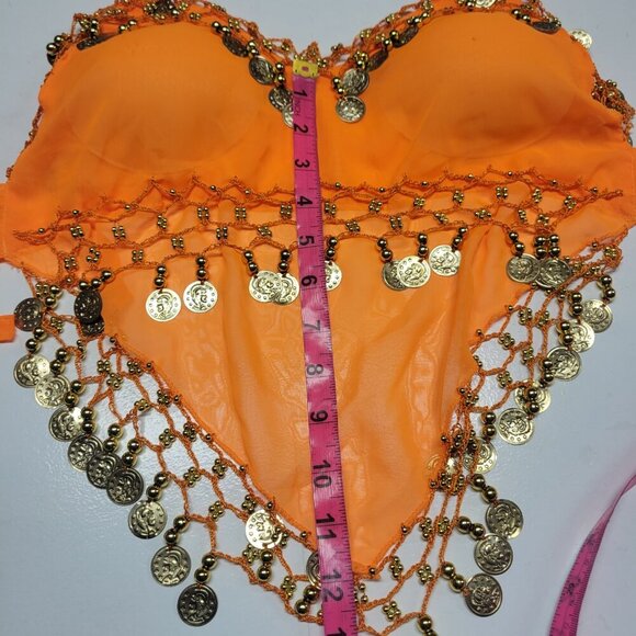 Orange Belly Dance Top with Gold Coins Halter Crop Top - Picture 7 of 10